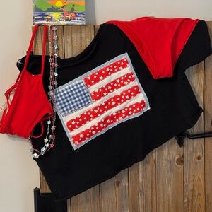 off the shoulder Black T-Shirt with American Flag Patch